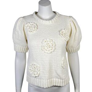 Joie Knit Sweater Size M 3D Crochet Flowers Short Puff Sleeves Pullover Boxy